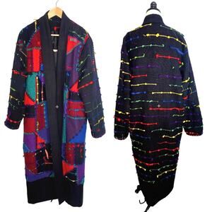 RARE! Vintage 90s COOGI Mens S Woven 3D Sweater Coat Long Duster Cardigan Black